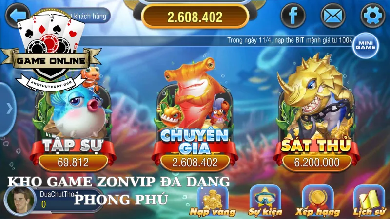 Kho game đa dạng tại cổng game bắn cá đổi thưởng tiền thật Zonvip